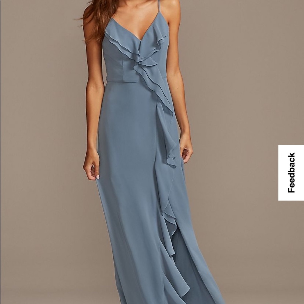Davids Bridal Slate blue ruffle spaghetti strap chiffon dress with slit.